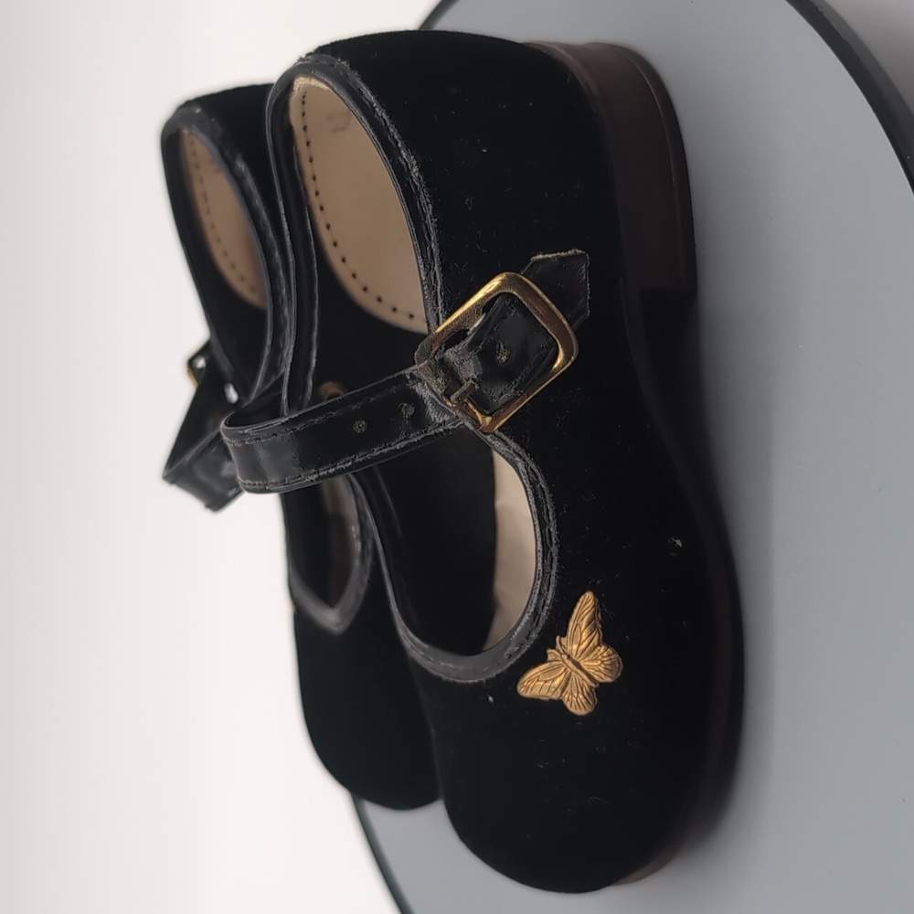 Petunia| Vintage 80s Black Velvet Mary Jane Toddler Shoes with Gold Toned Detail